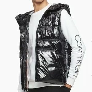 Calvin Klein Mens Full-Zip Hooded Puffer Vest Blac